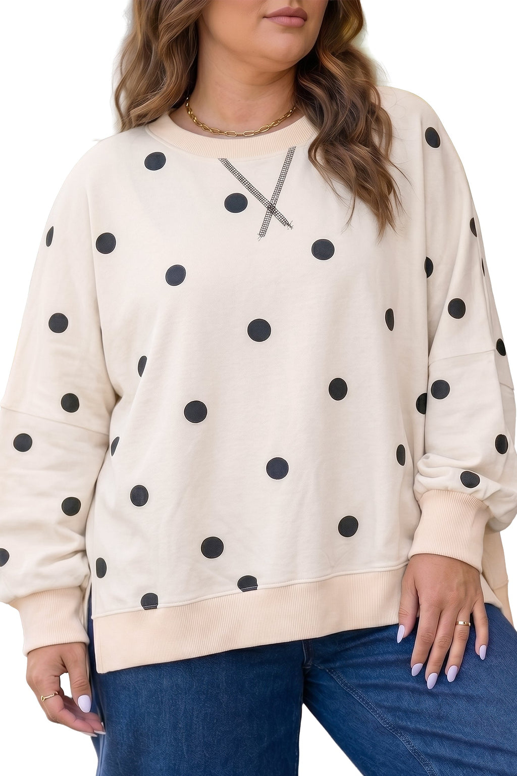 Yellow Round Neck Long Sleeve Polka Dot Plus Size Top