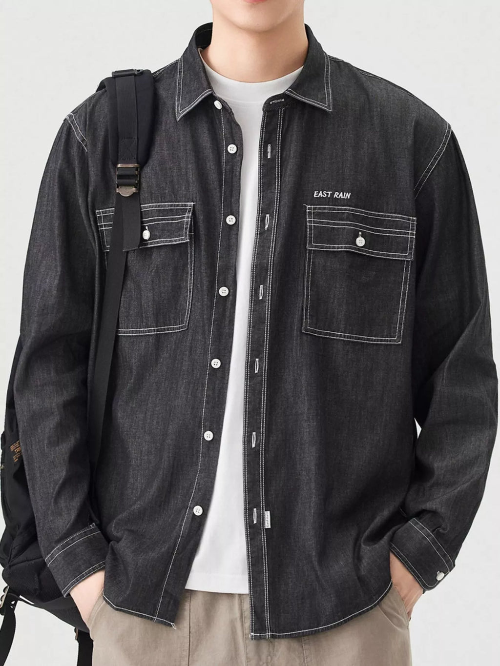 Men's Full Size Casual Long Sleeve Denim Shirt with Pockets Plus Size