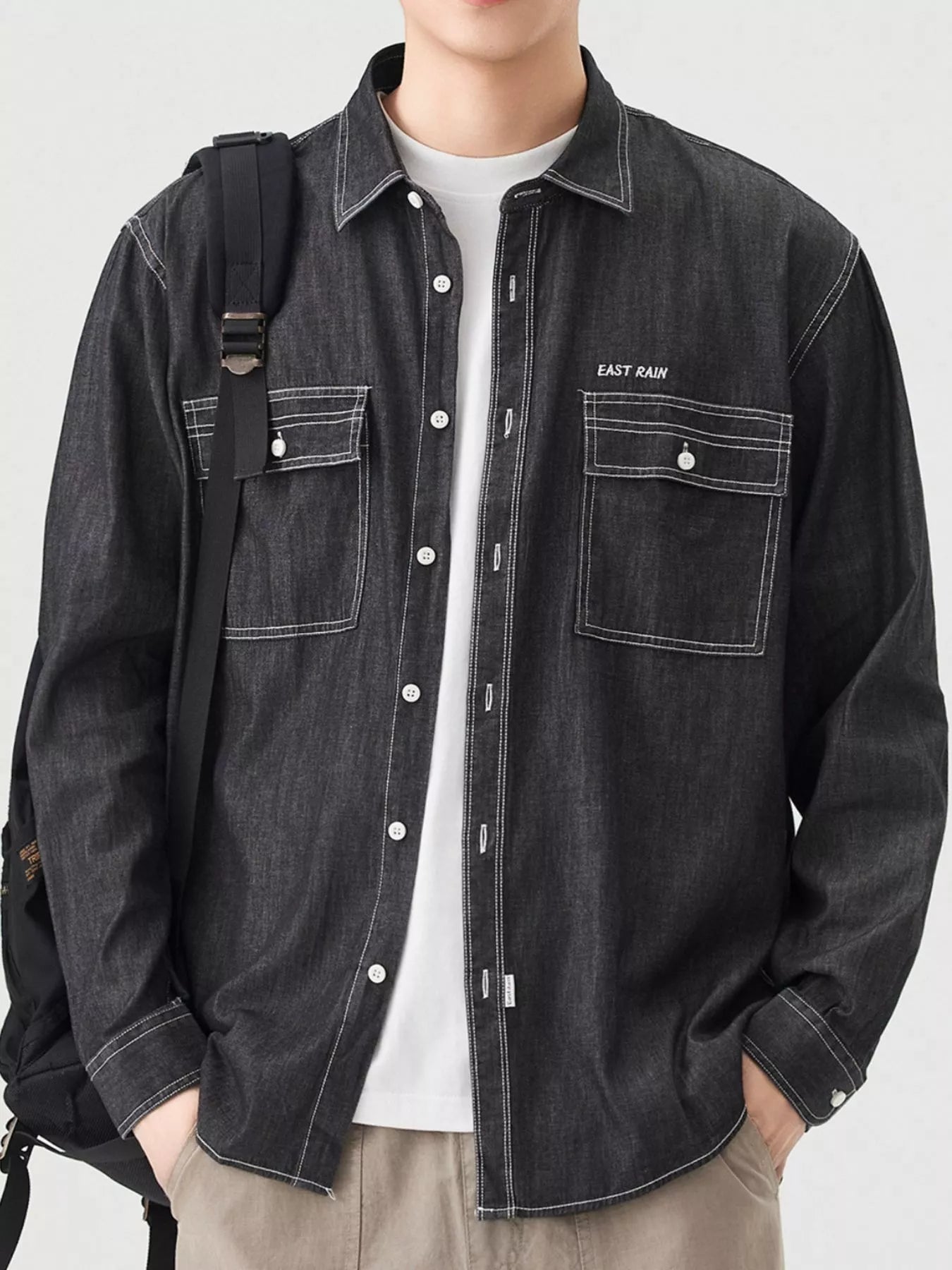 Men's Full Size Casual Long Sleeve Denim Shirt with Pockets Plus Size