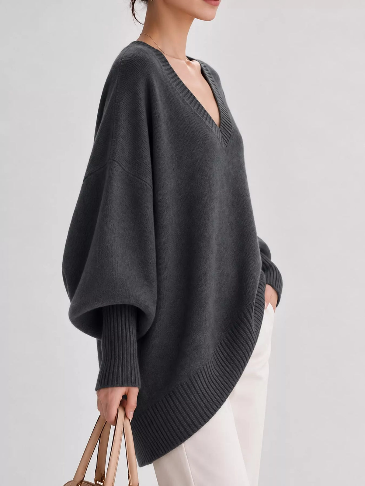 Full Size V-Neck Oversized Batwing Sleeve Sweater Plus Size