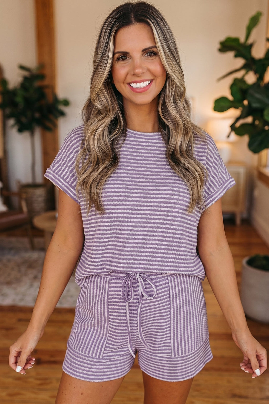 Purple Stripe Breathable Textured Knit Short 2pcs Set