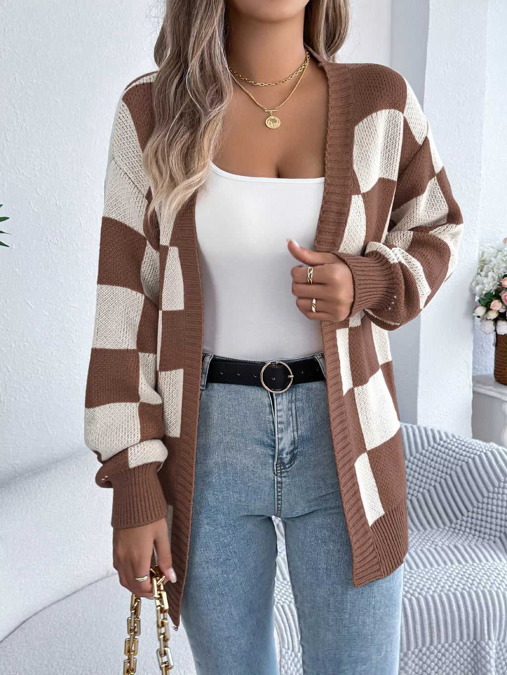 Oversized Checkered Open-Front Knit Cardigan