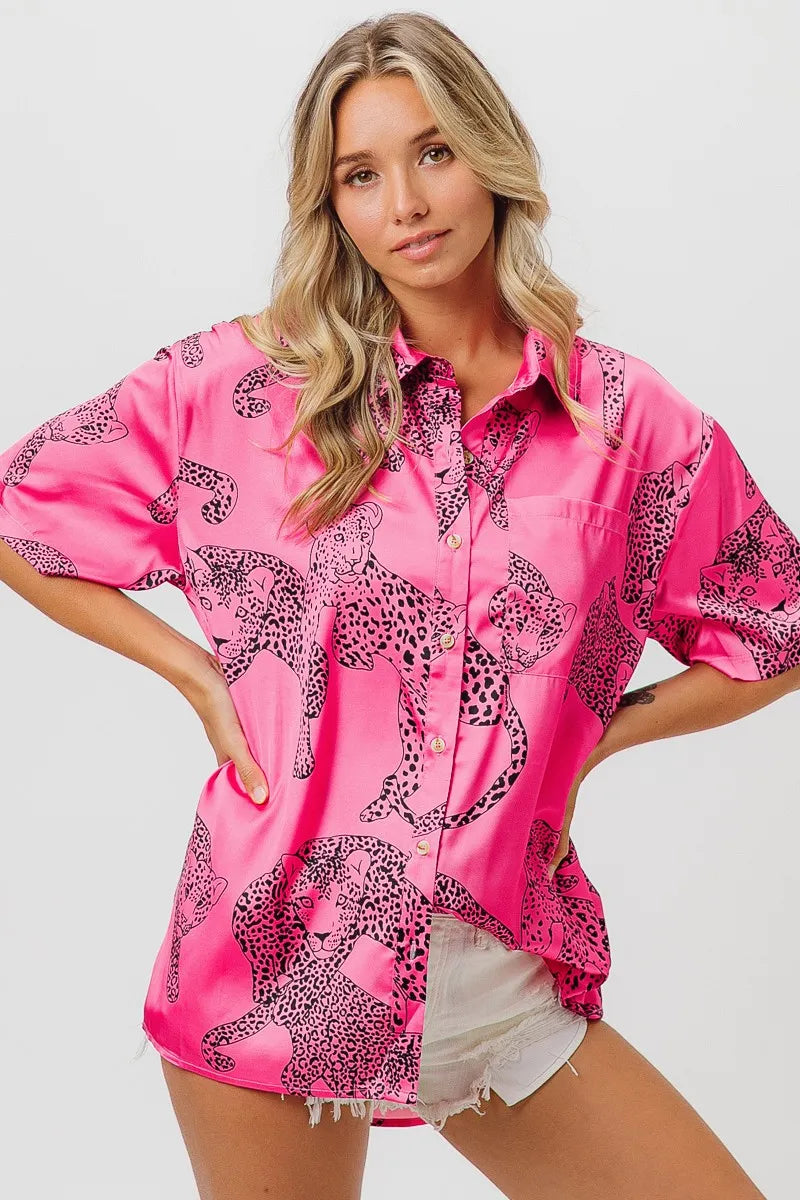 Satin Leopard Print Button-Down Shirt with Short Sleeves