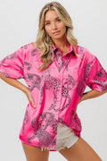 Satin Leopard Print Button-Down Shirt with Short Sleeves