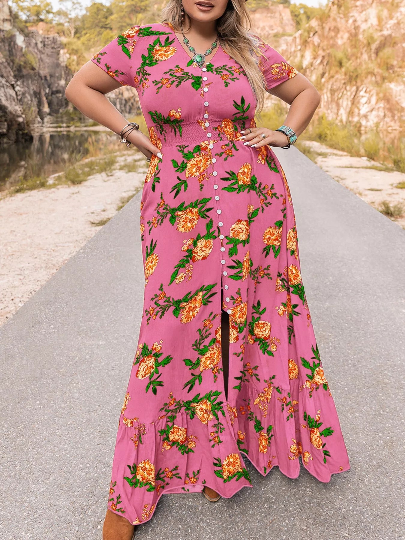 Floral V-Neck Short Sleeve Maxi Dress