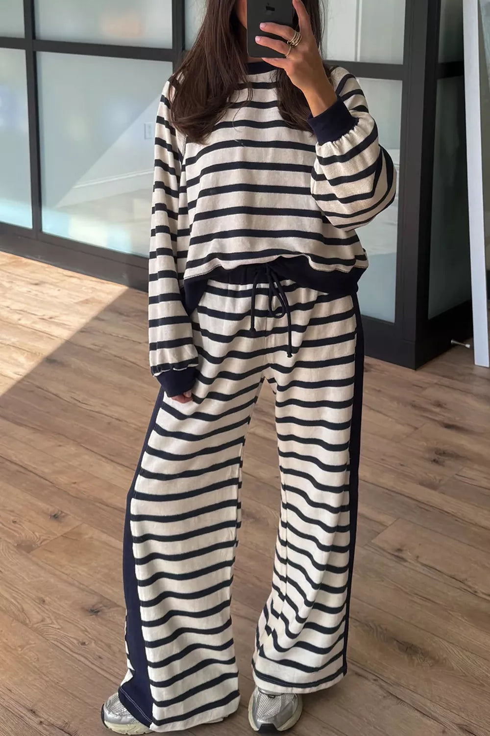 Stripe Relaxed Long Sleeve Top Color Block Detail Drawstring Pant Set