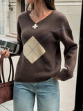 Argyle Pattern V-Neck Knit Sweater