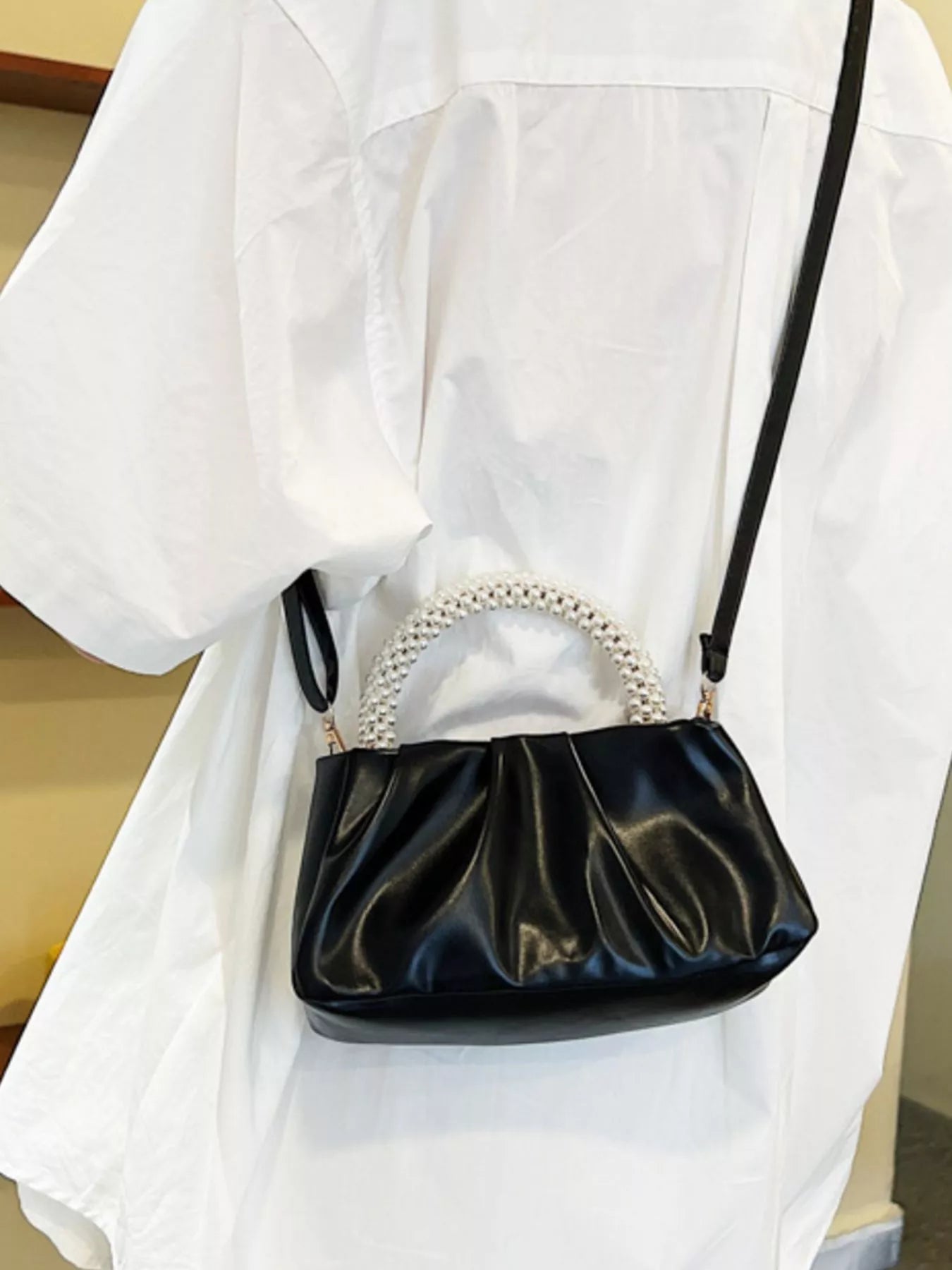 Pearl Handle Ruched Crossbody Bag