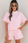 Pink Stripe Cuffed Sleeve Contrast Mock Neck Tee Casual 2pcs Short Set
