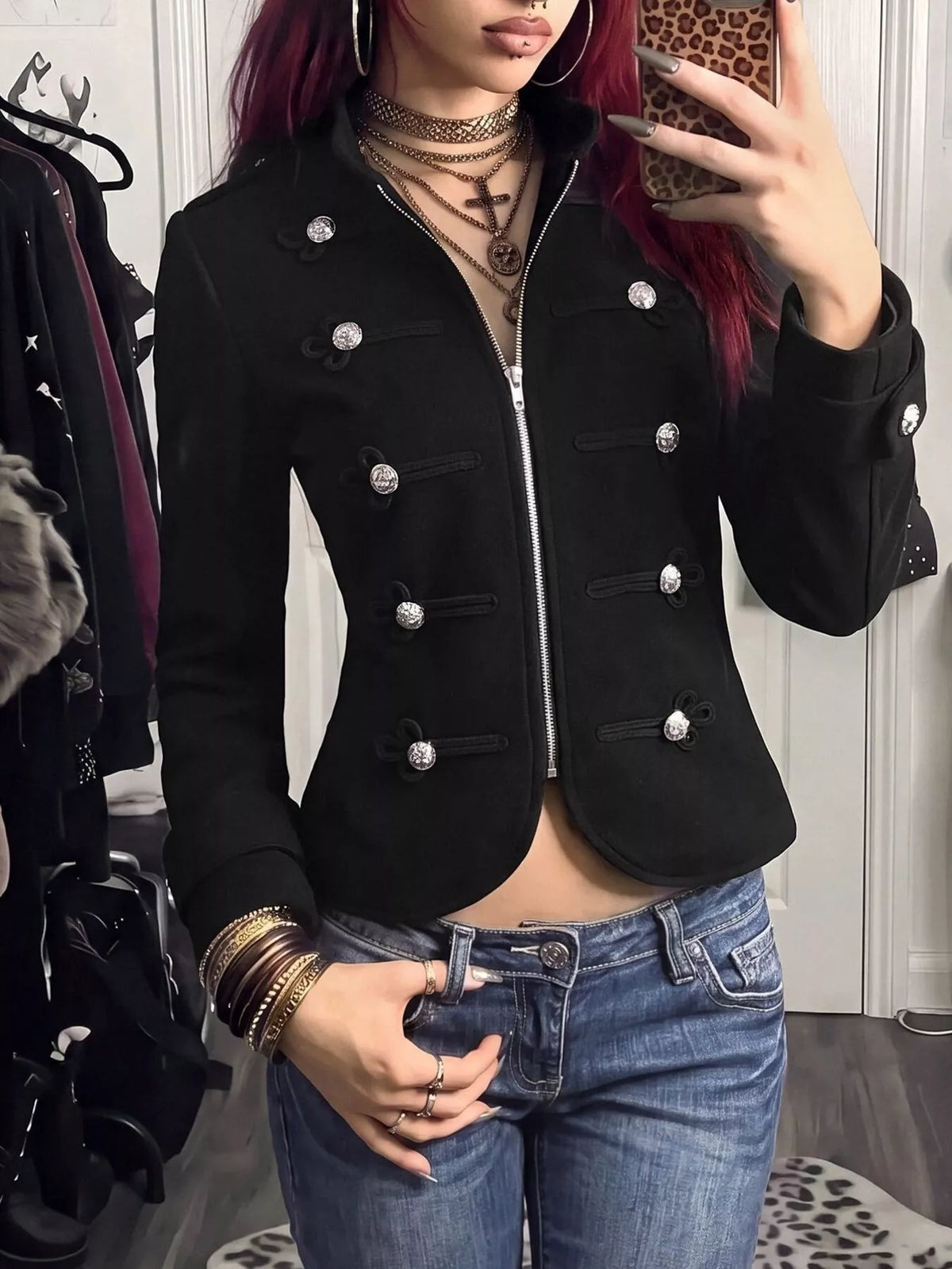 Decorative Button Zip Up Outerwear