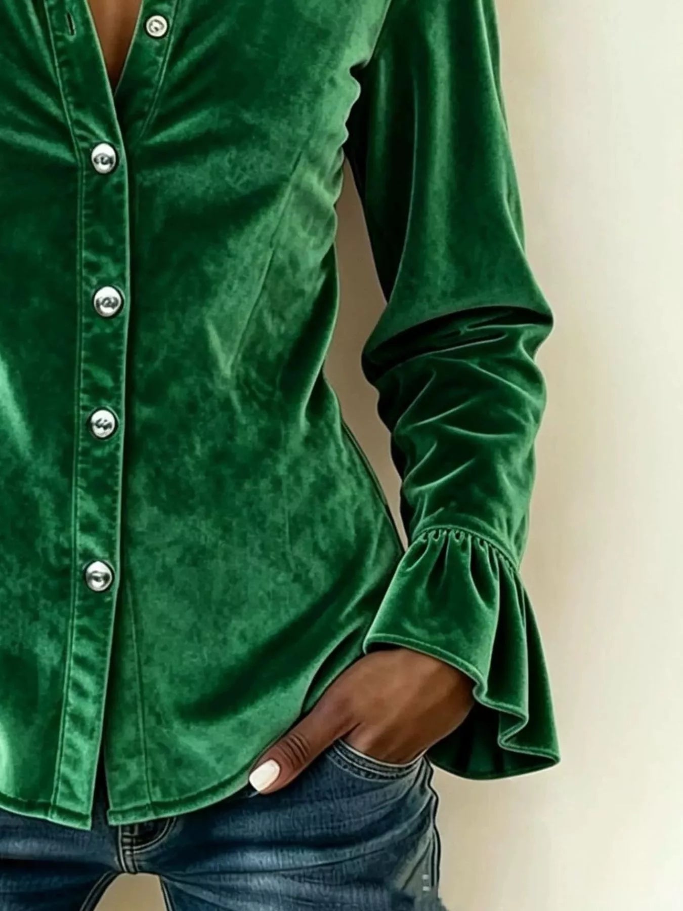 Full Size Velvet Button Up Flare Sleeve Shirt Plus Size