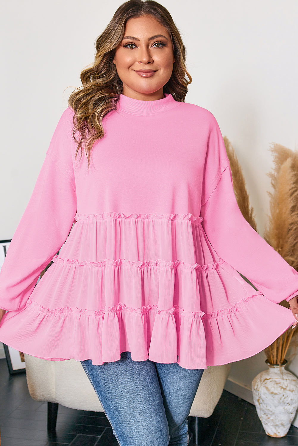 Plus Size Solid Ruffle Tiered Ribbed Crewneck Top