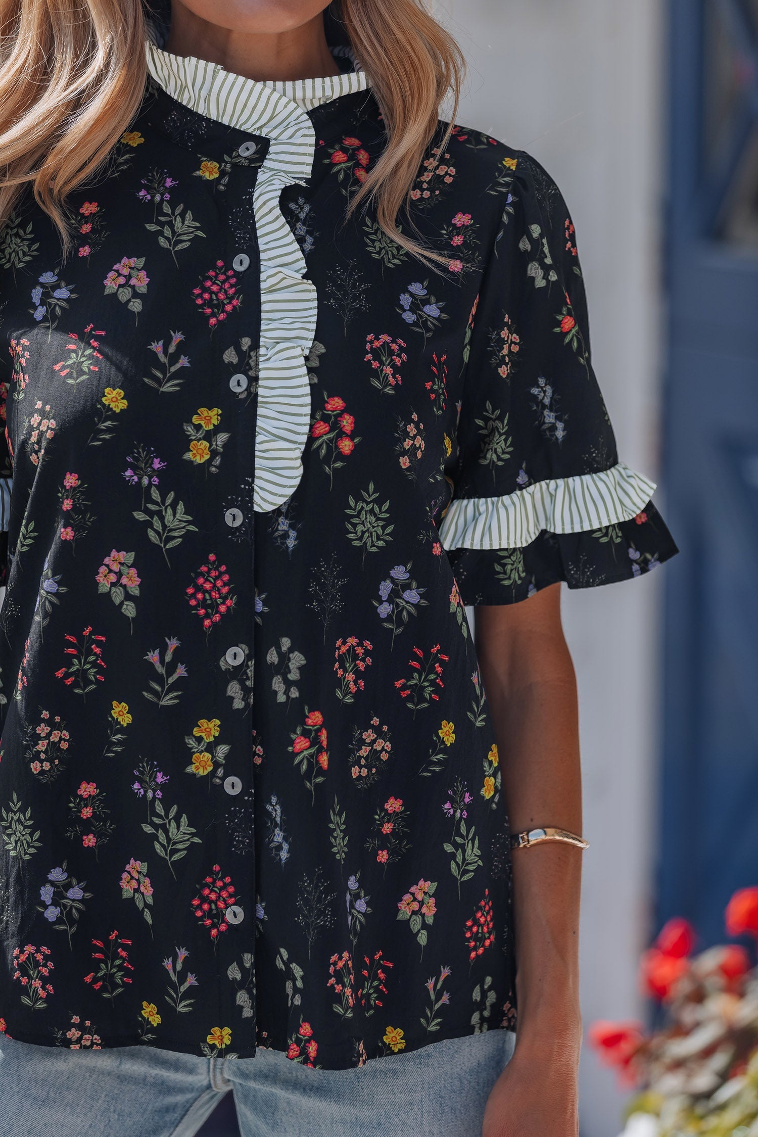 Black Contrast Frilled Trim Short Sleeve Floral Shirt