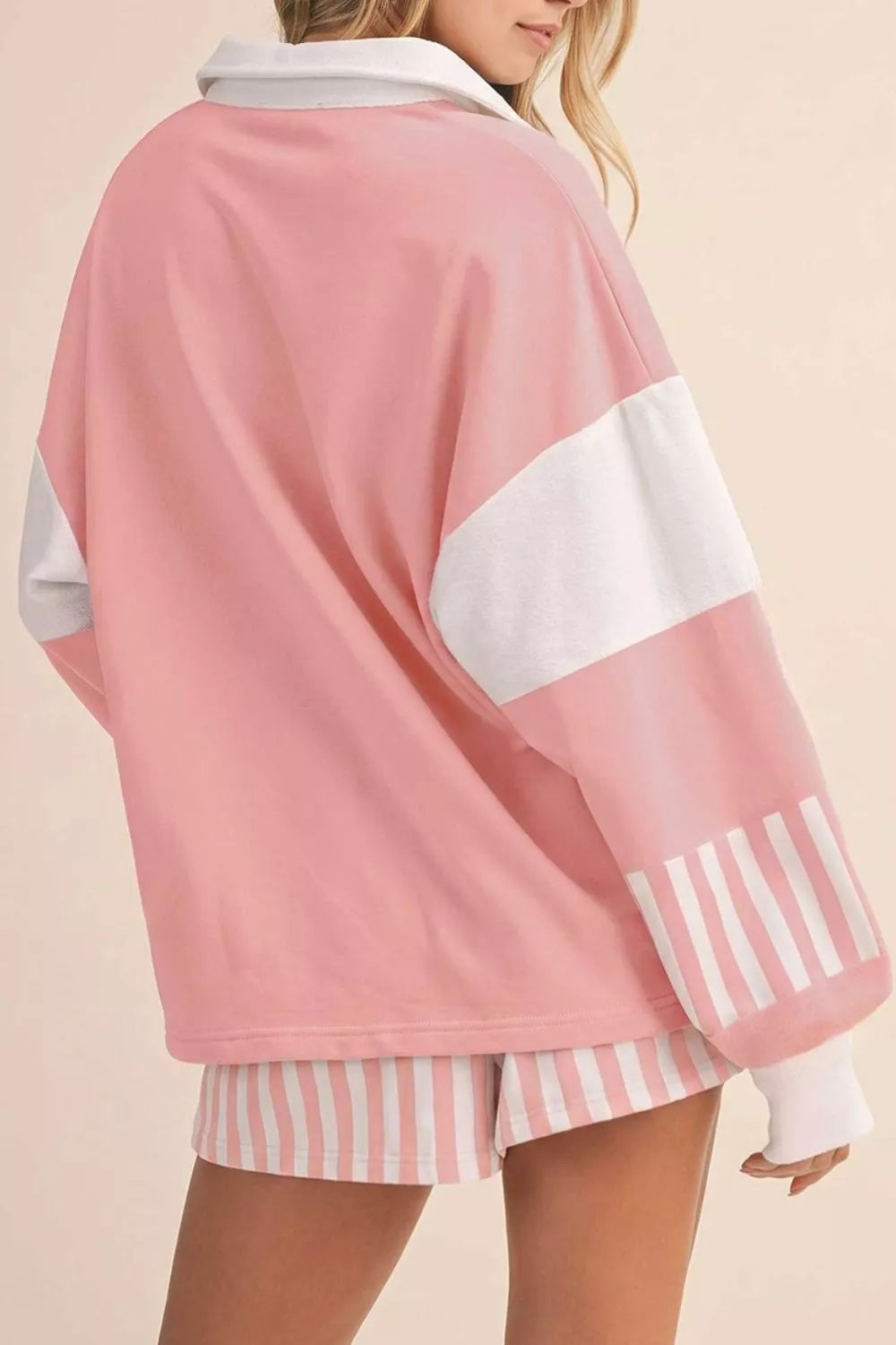 Color Block Polo Shirt and Drawstring Striped Shorts Set