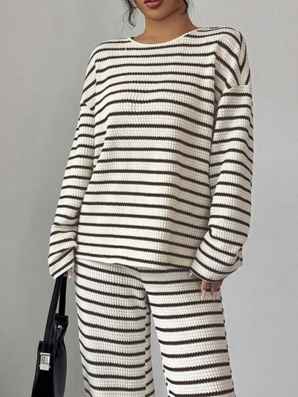 Striped Knit Dropped Shoulder Top and Pants Set
