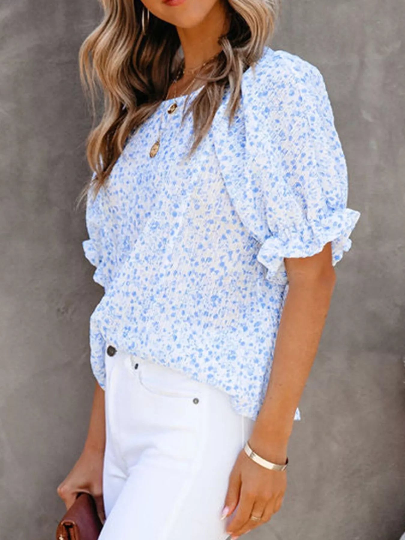Full Size Floral Print Ruffle Sleeve Blouse Plus Size