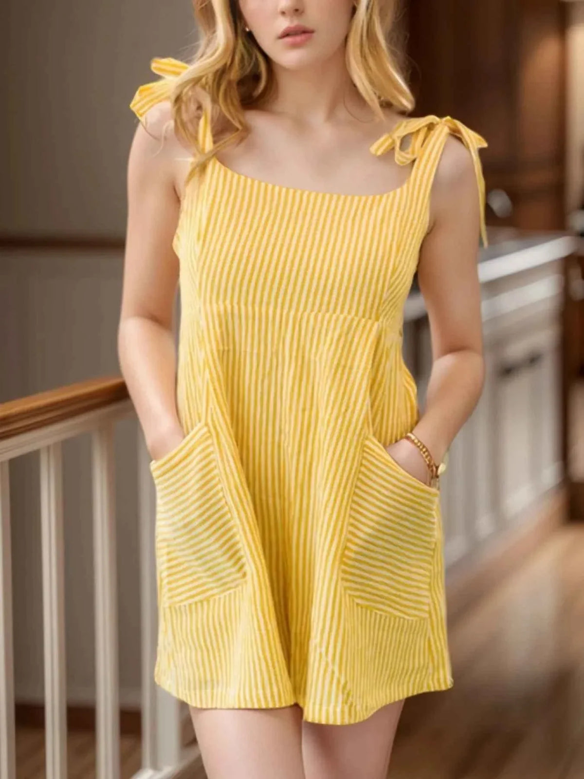 Striped Smocked Back Romper with Shoulder Ties