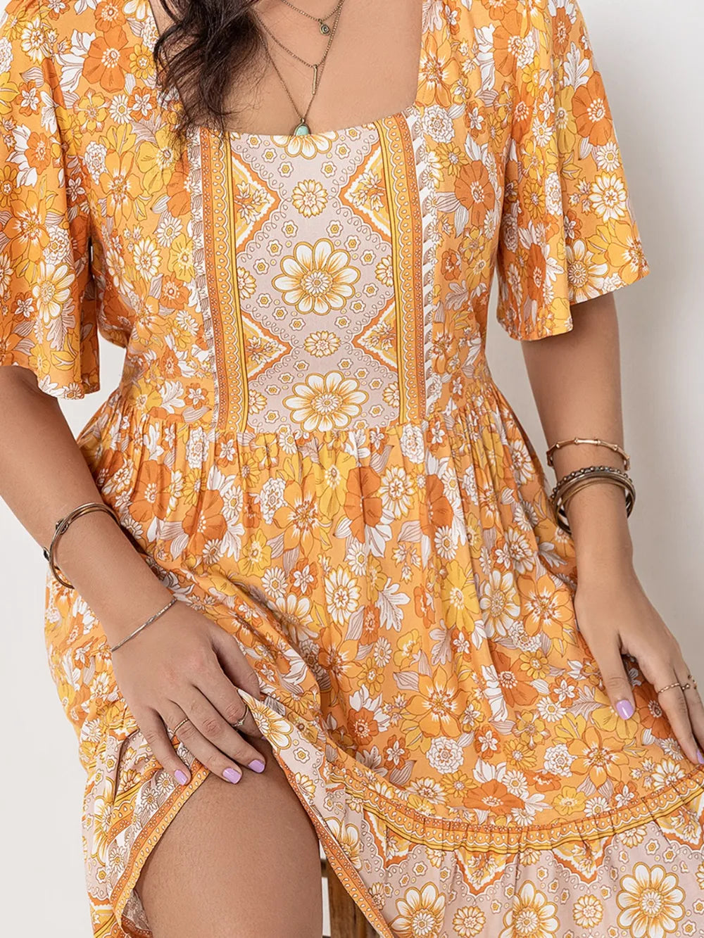 Printed Square Neck Short Sleeve Dress