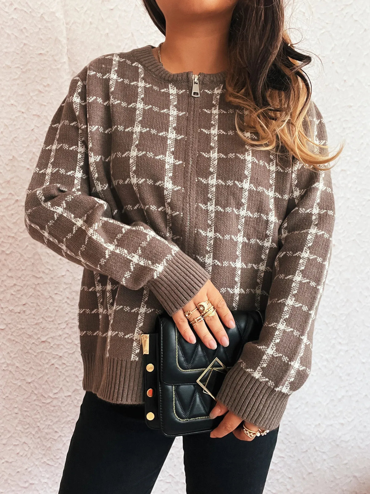 Plaid Zip-Up Cardigan with Gentle Stretch
