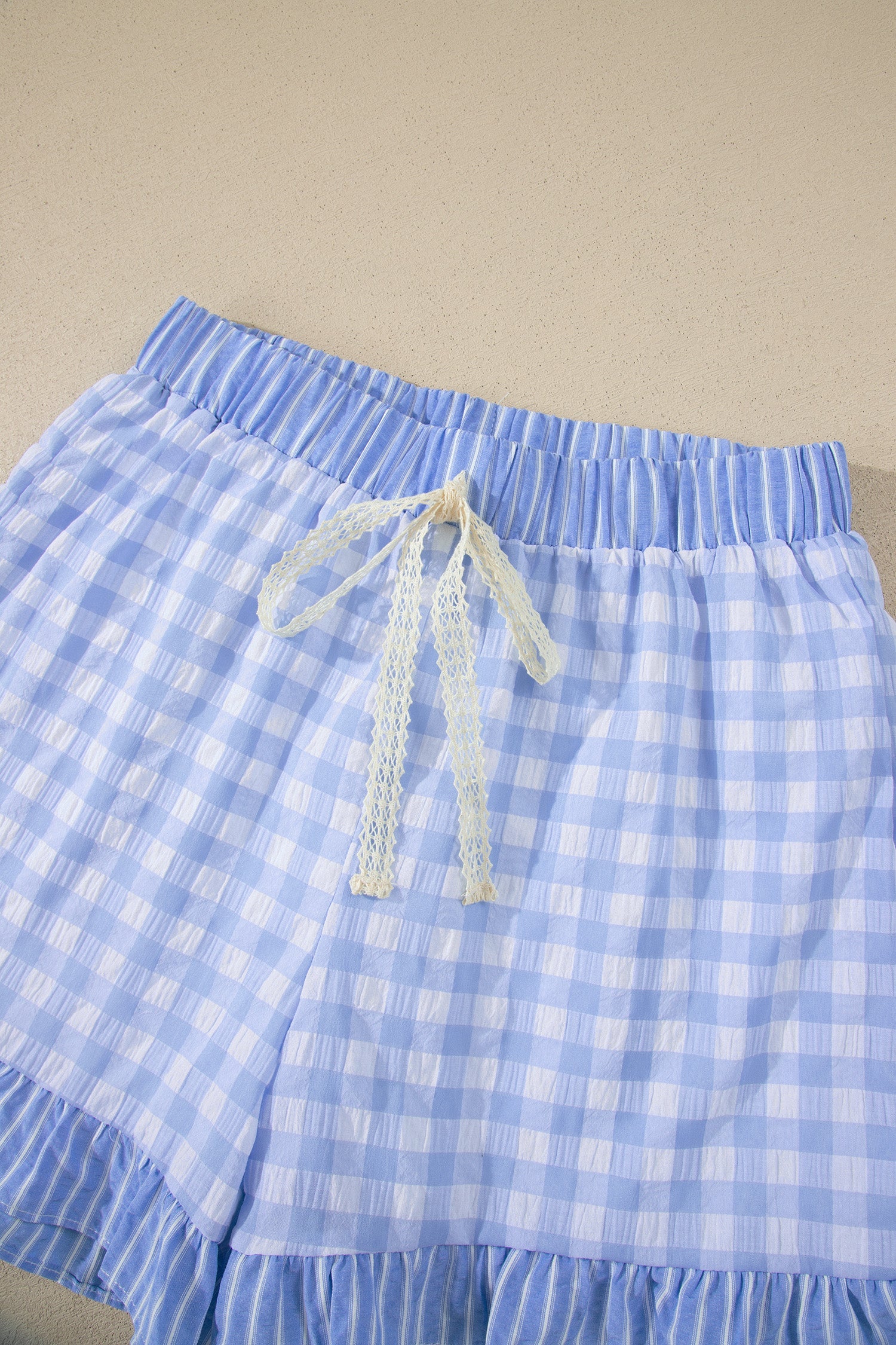Sky Blue Gingham Print Ruffle Striped Detail Lace Tie Shorts