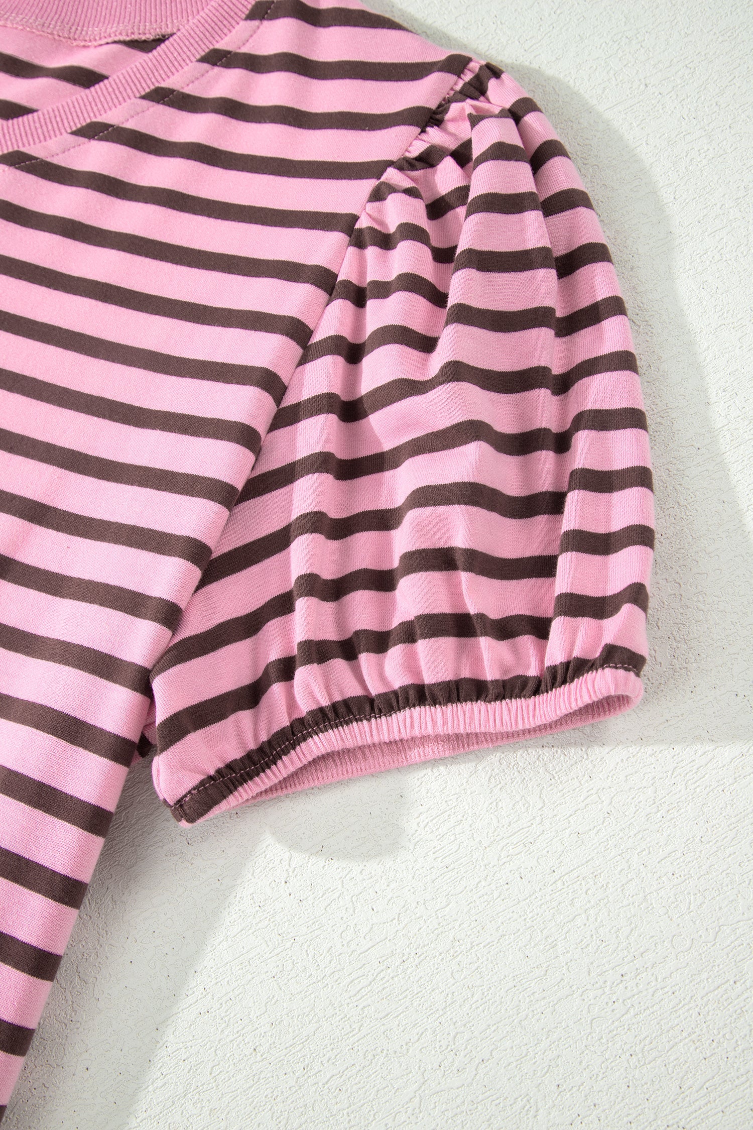 Rose Stripe Striped V-Neck Ribbed Collar Cuff Gathering Puff Sleeve Top