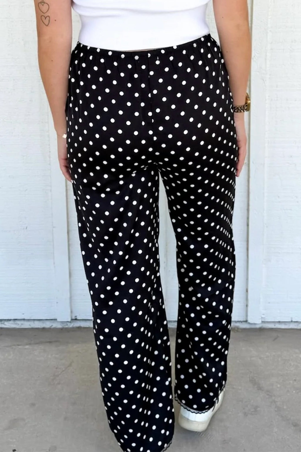 Black Polka Dot Print Elastic Waist Lace Hem Loose Pants