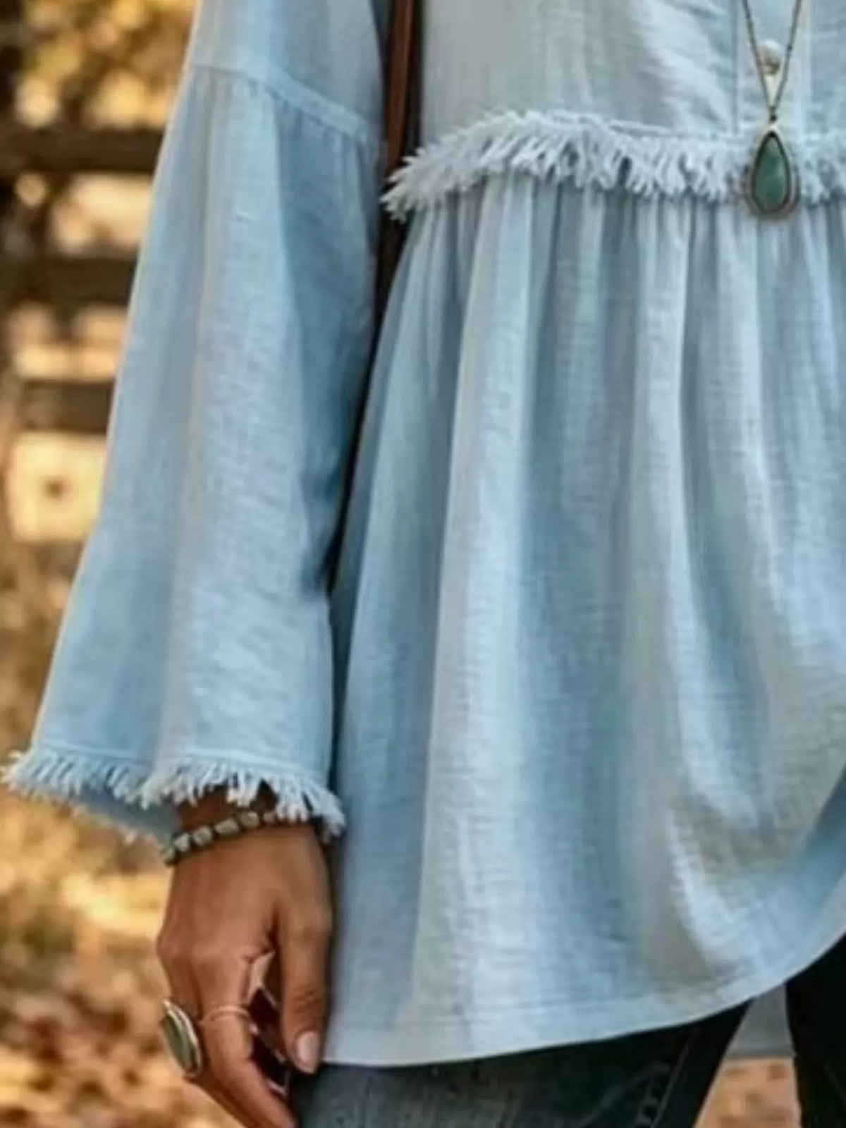 Full Size Fringed Button Detail Blouse Plus Size