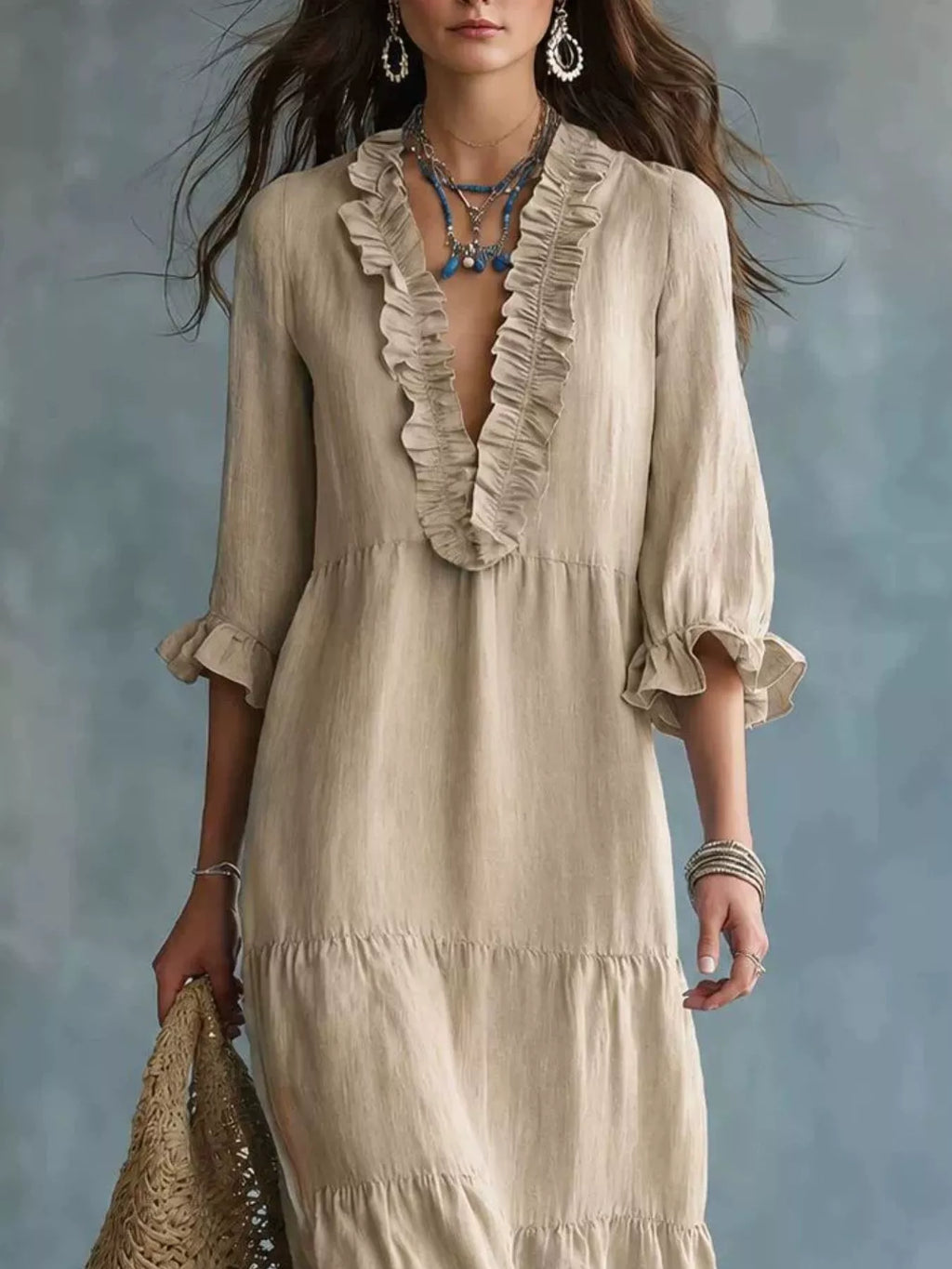 Ruffled V-Neck Tiered Maxi Dress