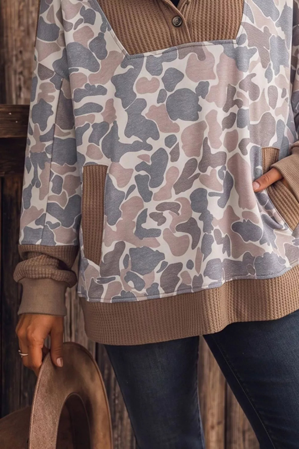 Camouflage Print Waffle Knit Patchwork Half Zip Hoodie