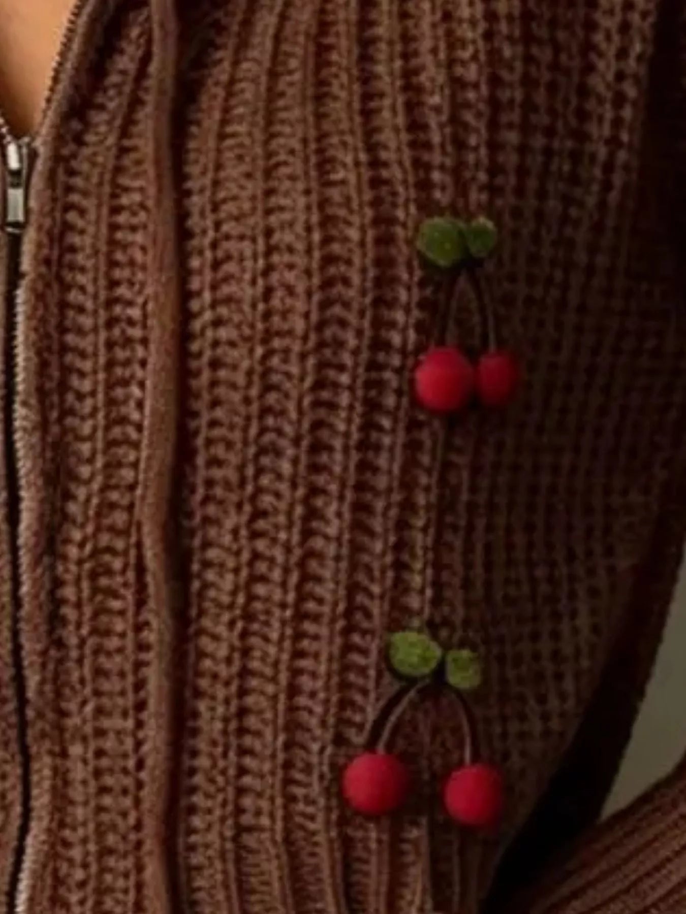 Cherry Knit Zip-Up Hooded Sweater