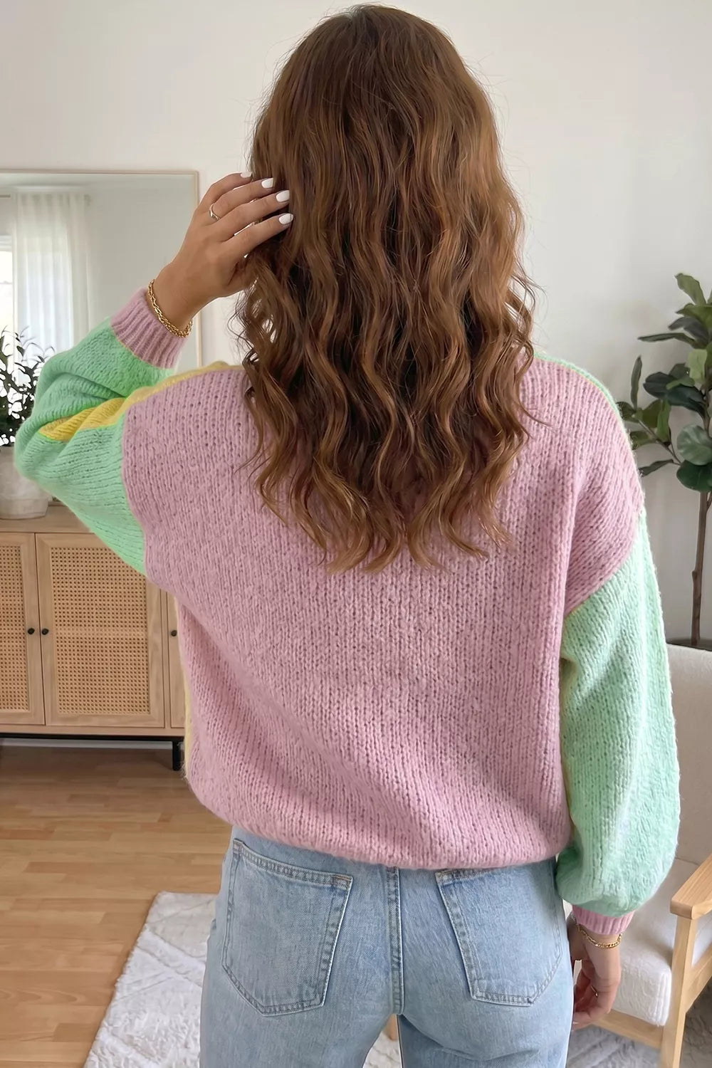 V Neck Drop Shoulder Patchwork Regular Wash Knitwear Cardigan