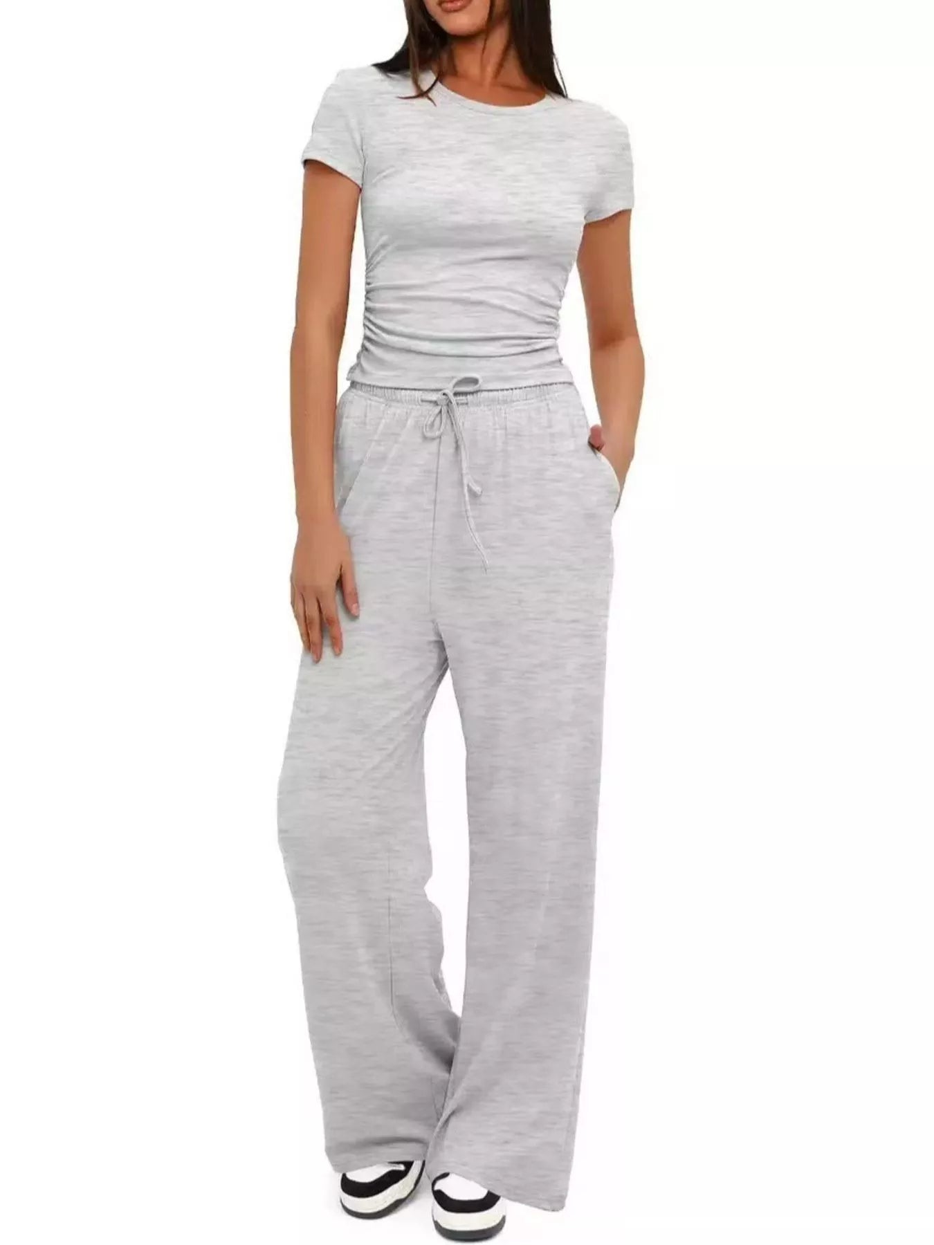 Round Neck Short Sleeve Top and Pants Set