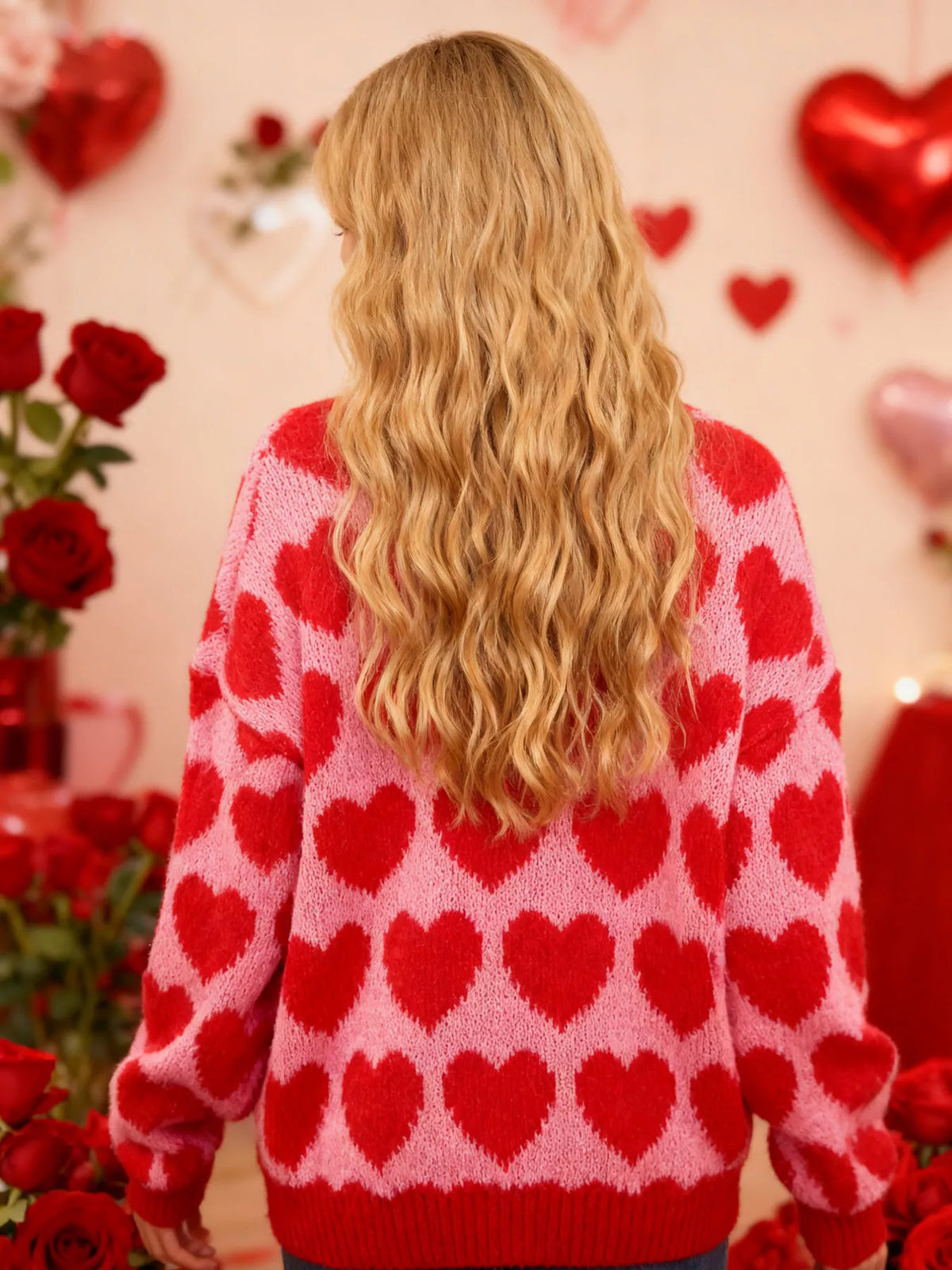 Heart Pattern Dropped Shoulder Sweater
