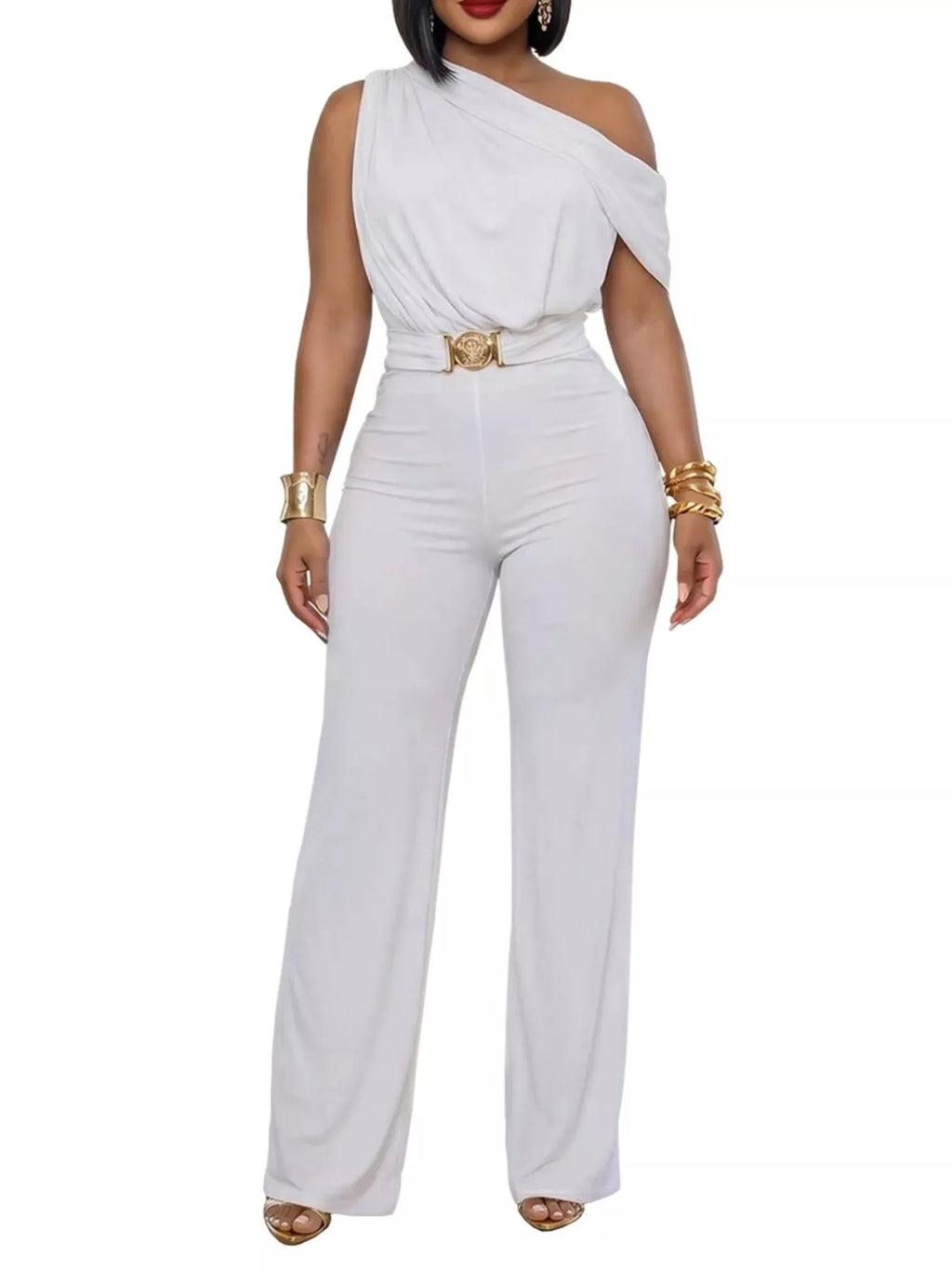 One-Shoulder Draped Wide Leg Jumpsuit