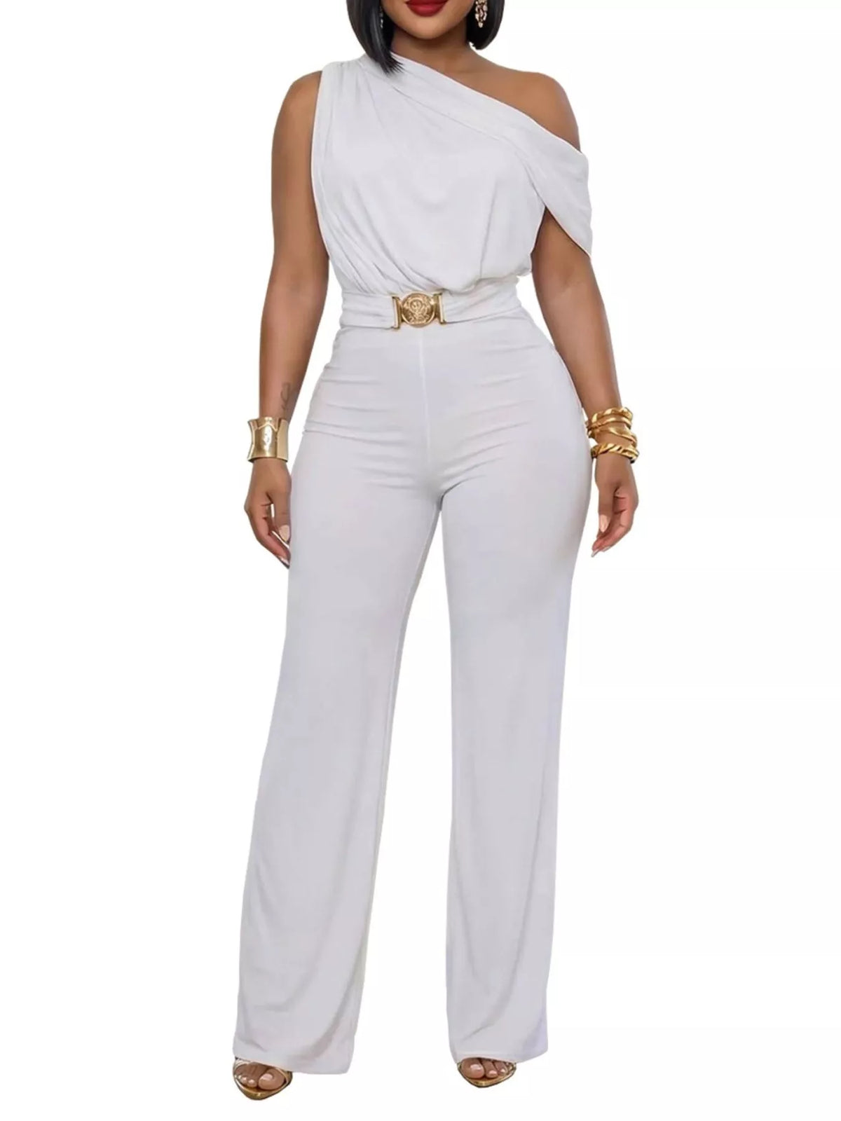 One-Shoulder Draped Wide Leg Jumpsuit