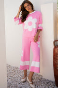 Orchid Bouquet Big Flower Patched Raw Seam Color Block 2 Piece Loose Pant Set