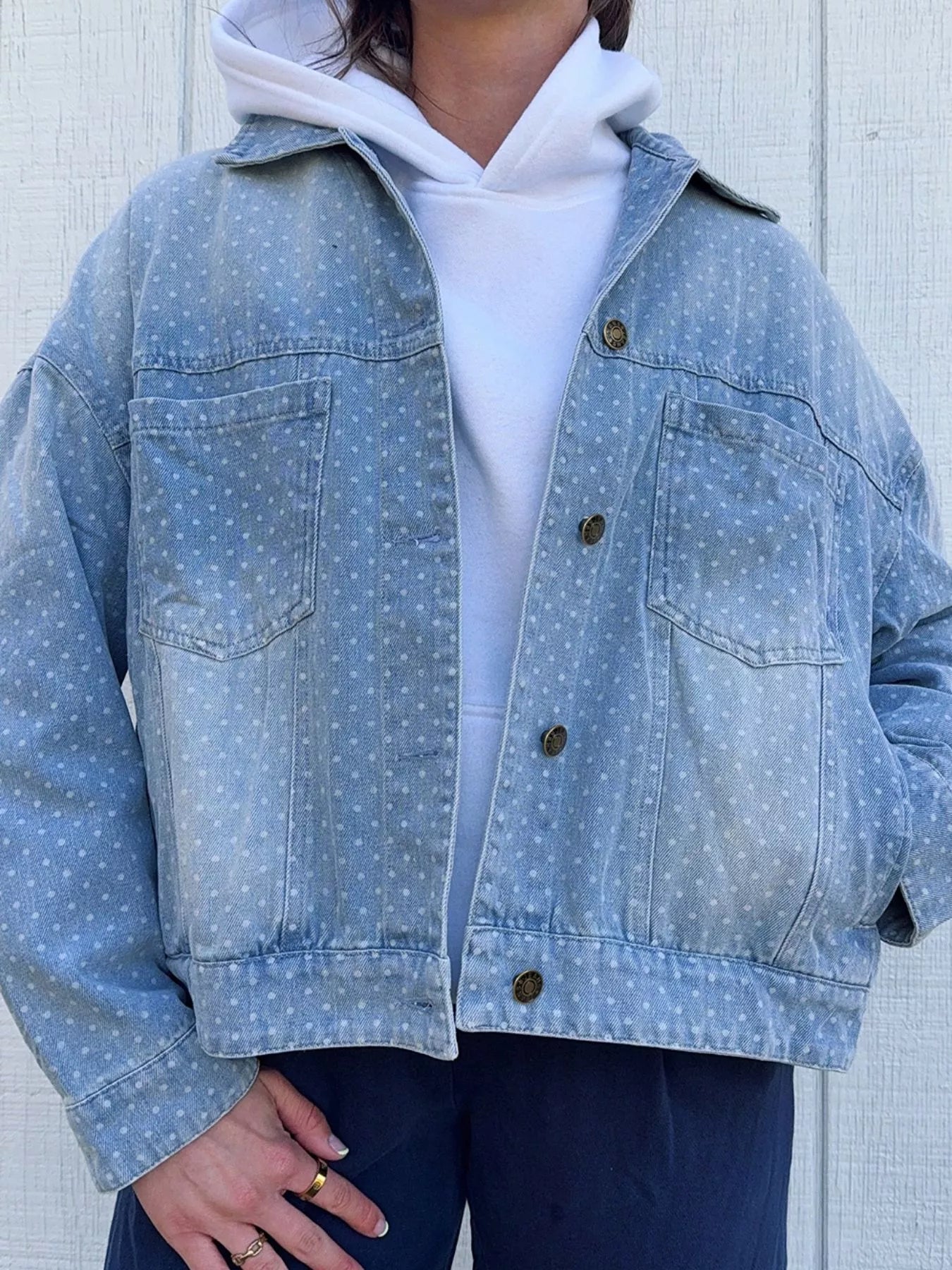 Polka Dot Long Sleeve Collar Pocket Casual Shift Silhouette Denim Jacket