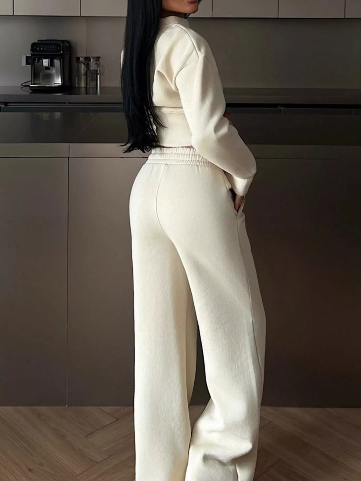 Zip-Up Crop Jacket and Wide-Leg Pants Set