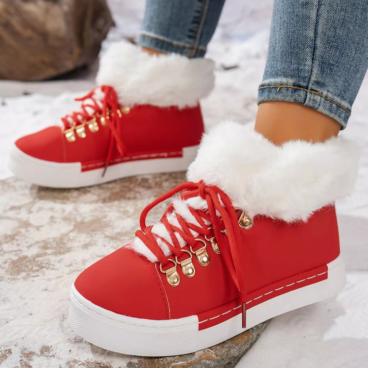 Fuzzy Trim Lace-Up Ankle Boots