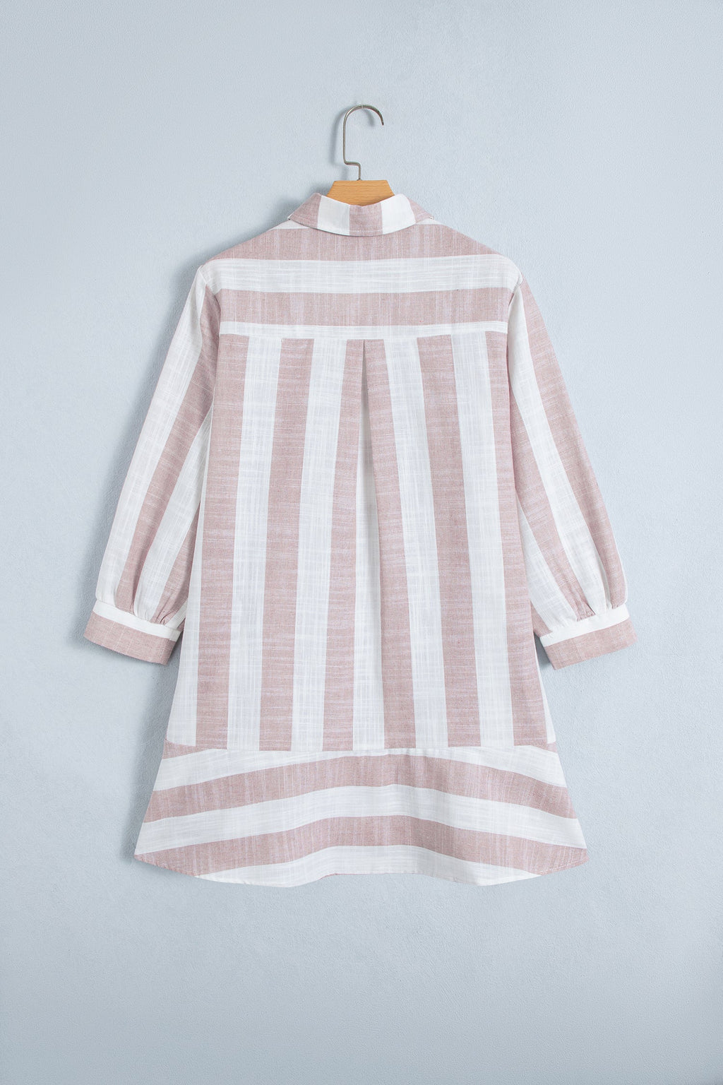 Khaki Stripe Striped Button-Up Three-Quarter Sleeve Short Shift Dress