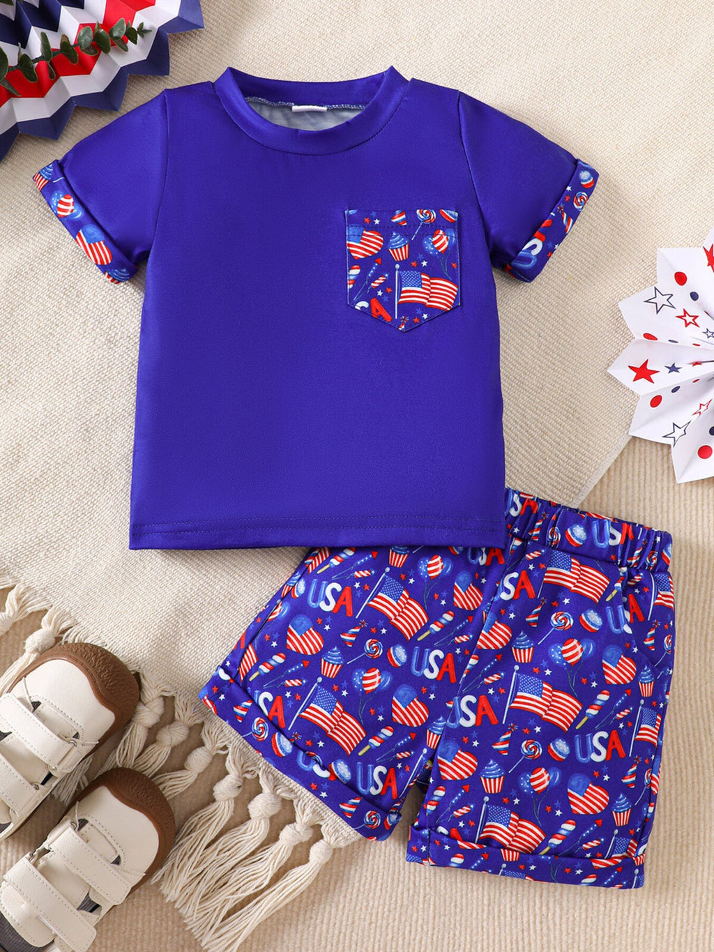 Children's Patriotic USA Flag Print Tee and Shorts Set