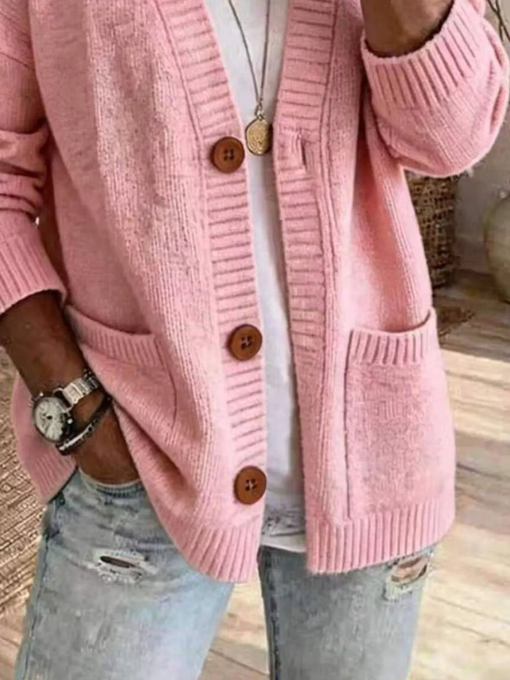 Casual V-Neck Button-Down Knit Cardigan with Pockets