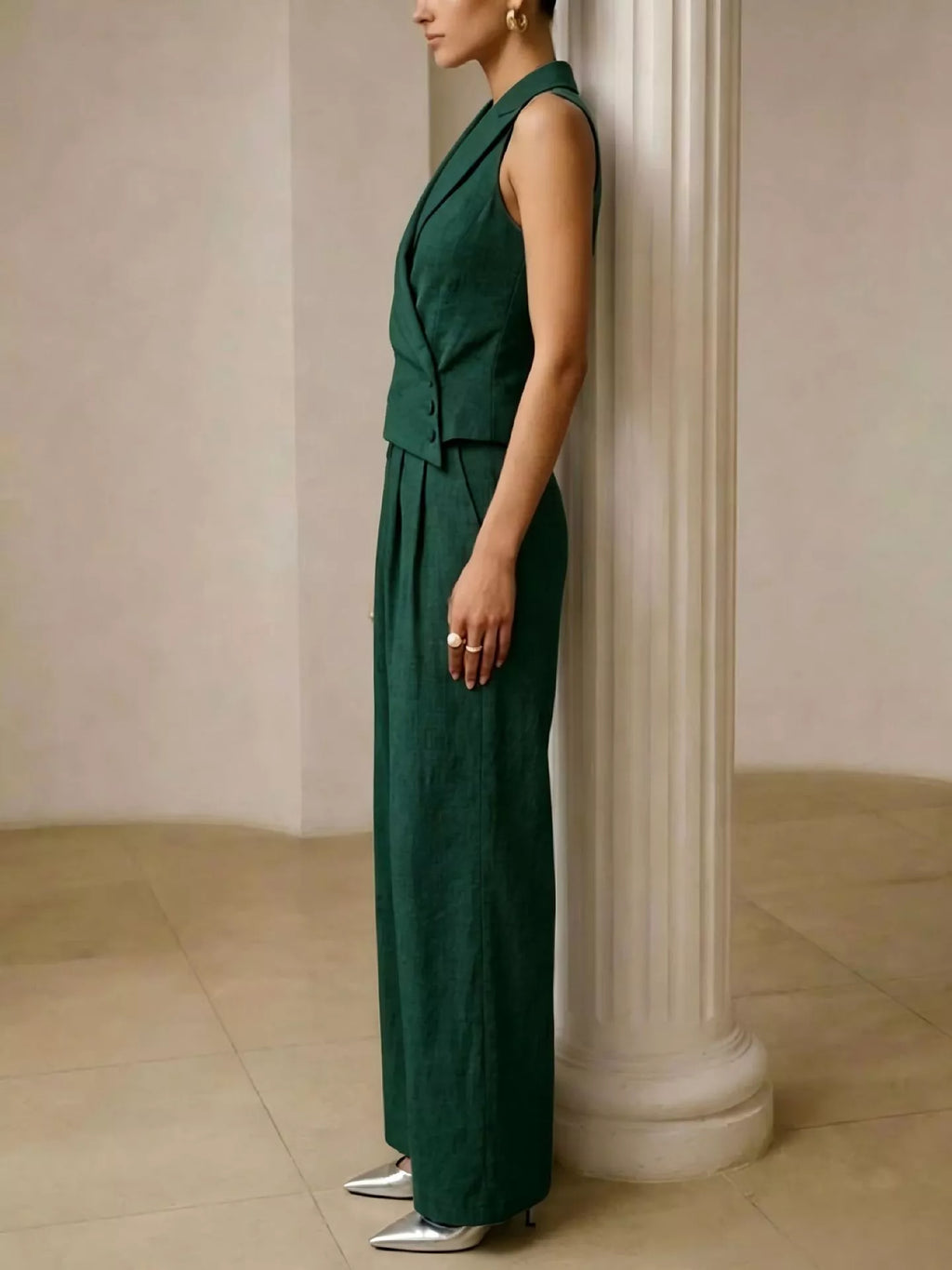 Full Size Sleeveless Blazer and Wide-Leg Pants Set Plus Size