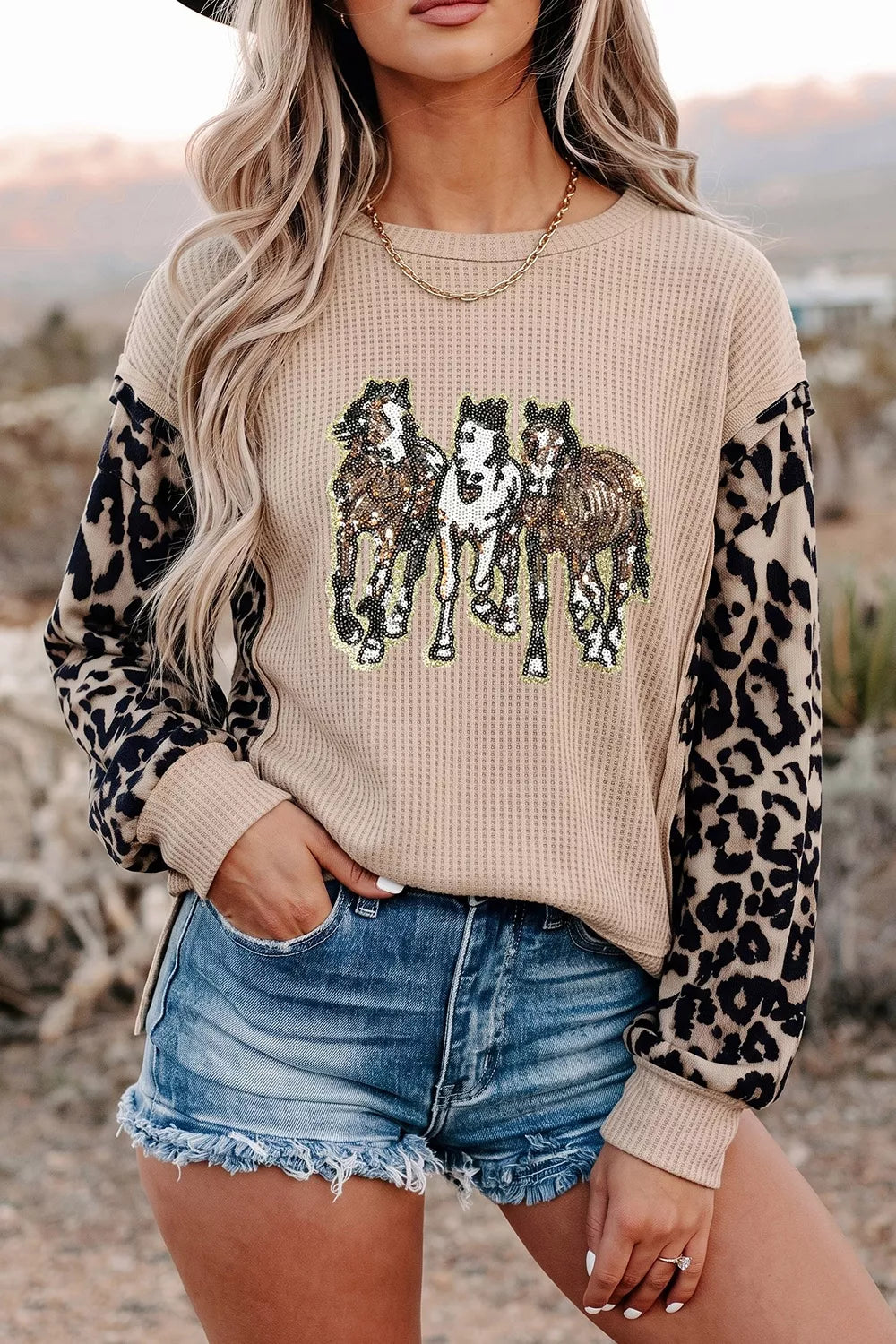 Sequined Western Horse Graphic Leopard Sleeve Patchwork Waffle Knit Top