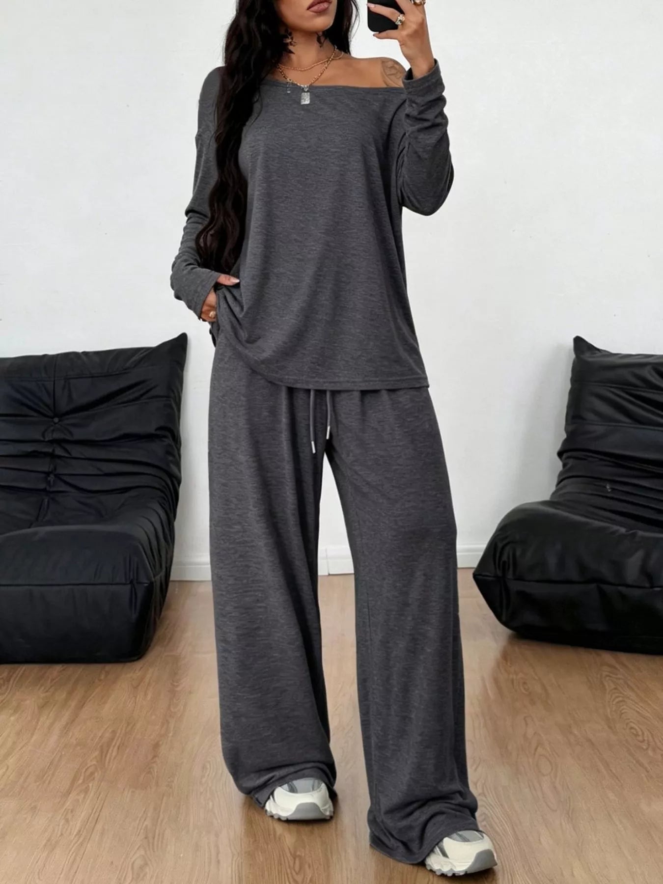 Full Size Comfortable Loose Fit One-Shoulder T-Shirt and Pants Set Plus Size