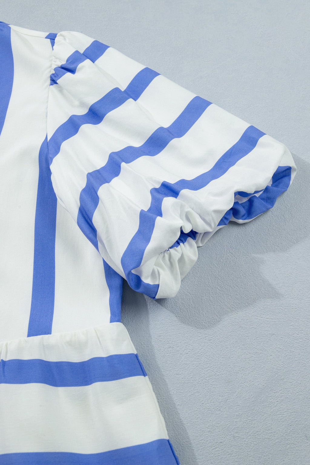 Sky Blue Stripe Split V Neck Puff Sleeve Summer Blouse