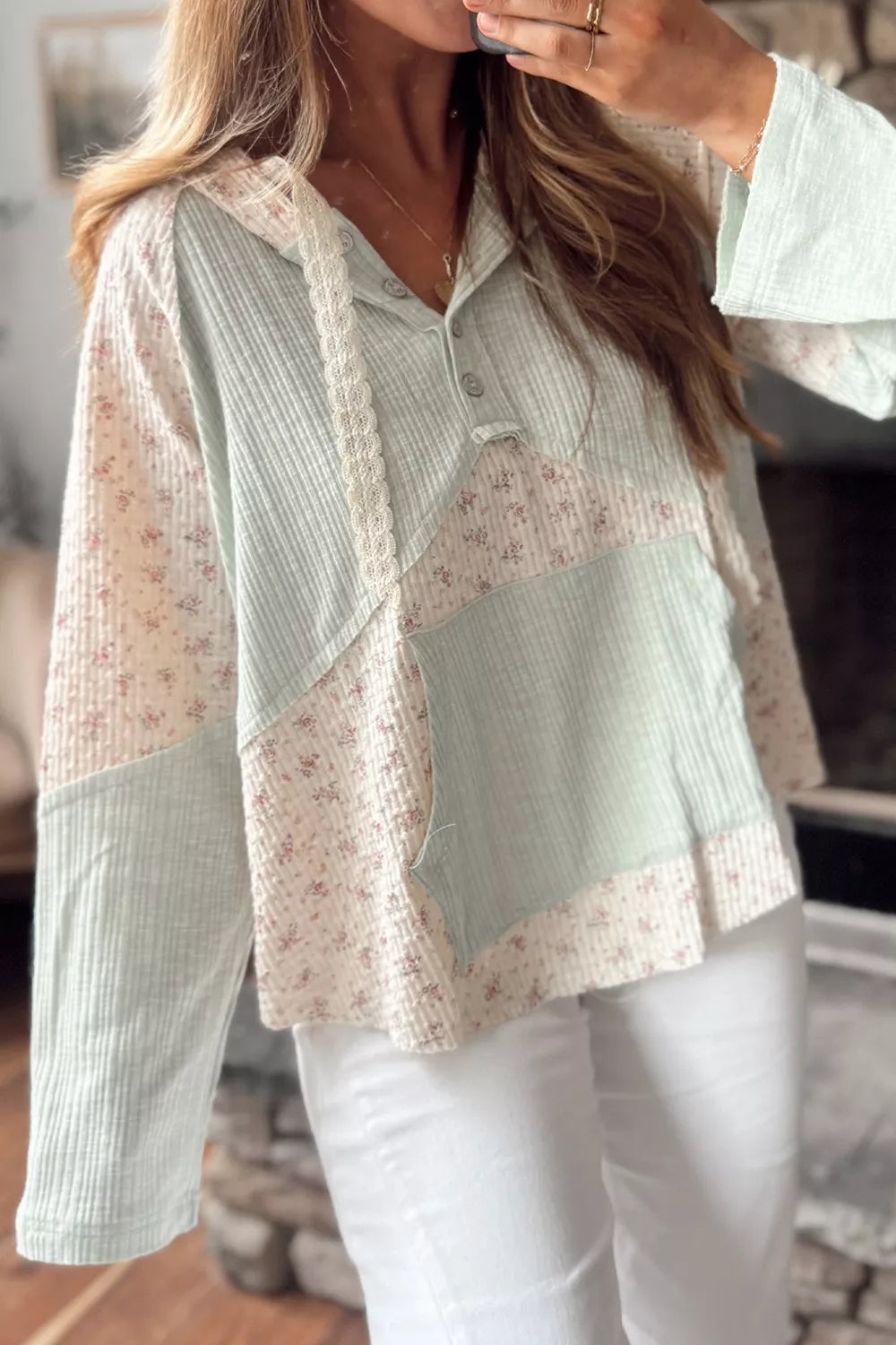 Lace Trim Floral Patchwork Button Detail Blouse