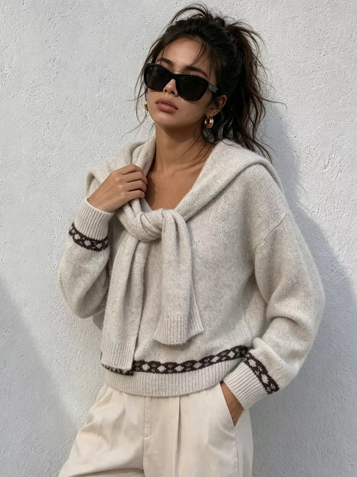 Scarf Detail Dropped Shoulder Sweater