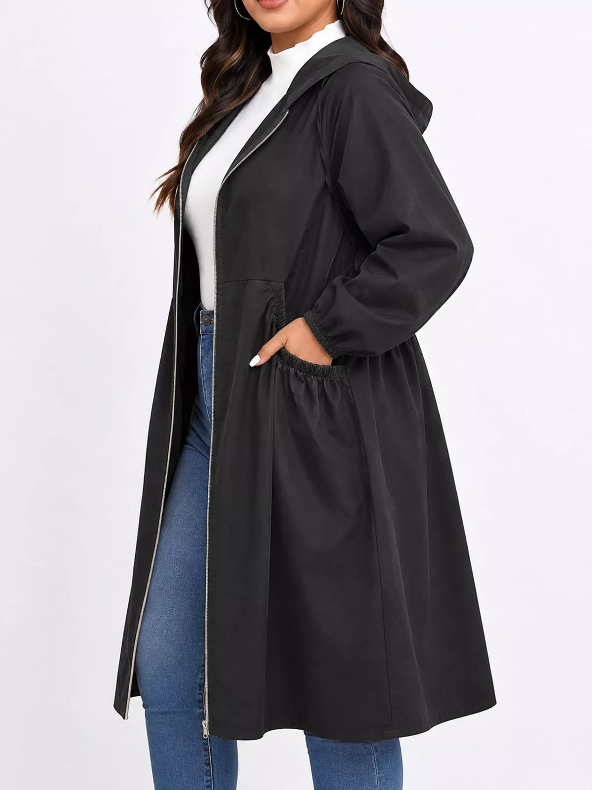 Plus Size Hooded Zip-Up Longline Windbreaker Outerwear