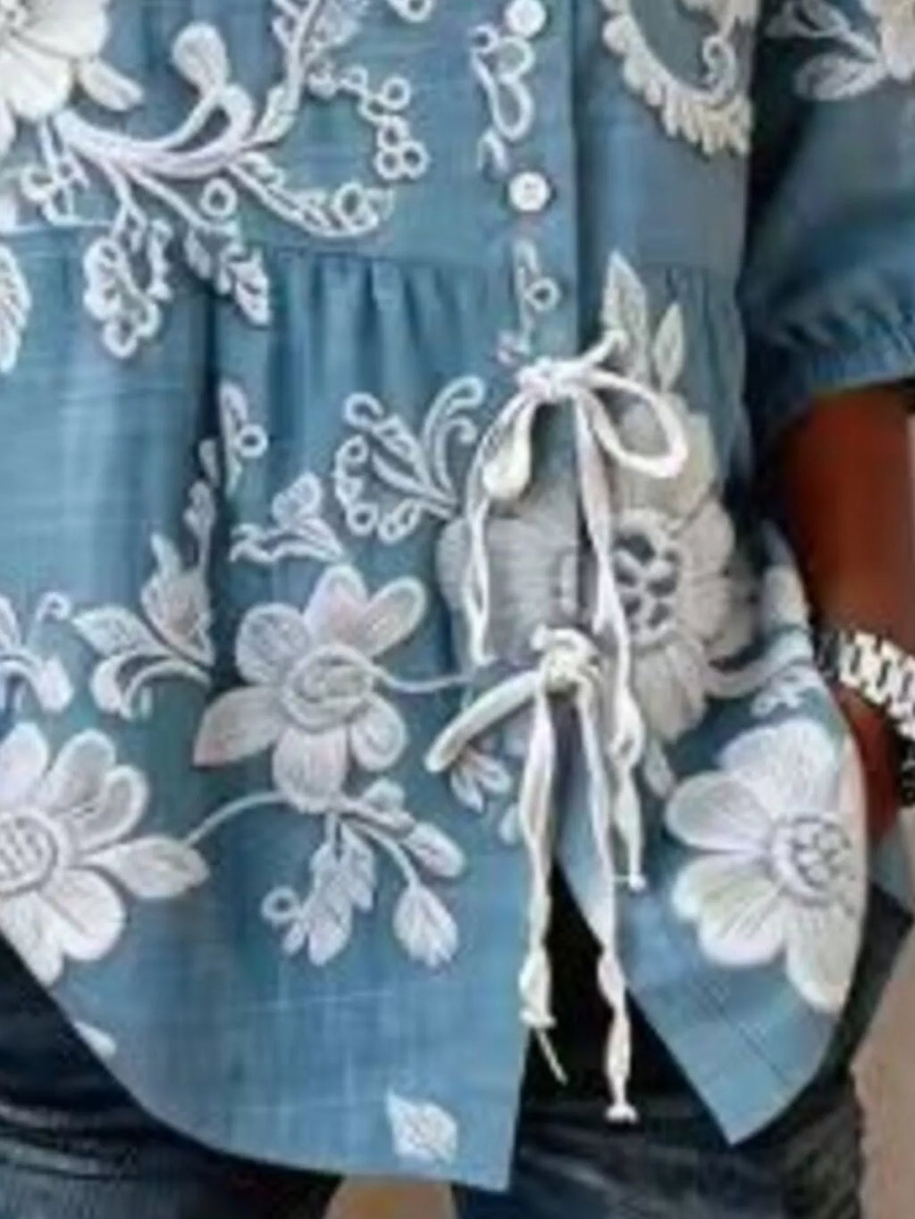Full Size Embroidered Floral Tie Front Shirt Plus Size